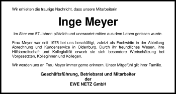 Traueranzeige von Inge Meyer von Nordwest-Zeitung