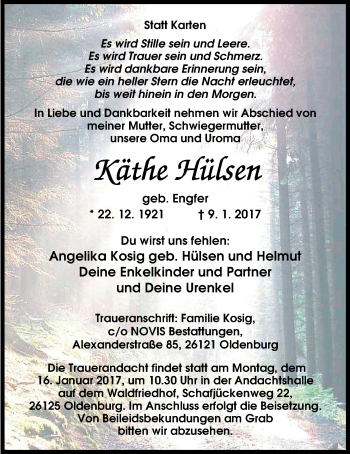 Traueranzeige von Käthe Hülsen von Nordwest-Zeitung