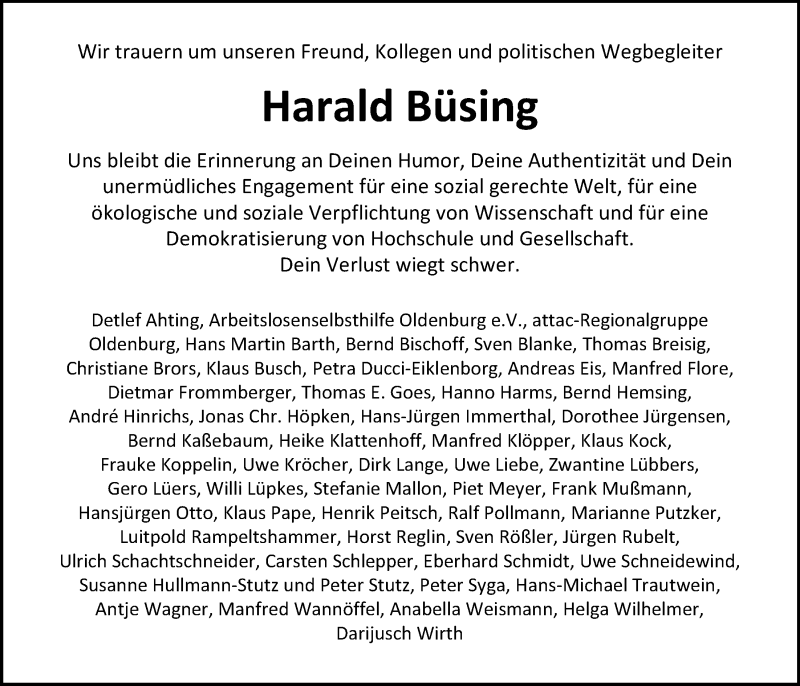  Traueranzeige für Harald Büsing vom 07.01.2017 aus Nordwest-Zeitung