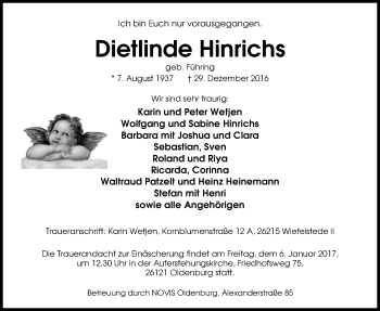 Traueranzeige von Dietlinde Hinrichs von Nordwest-Zeitung