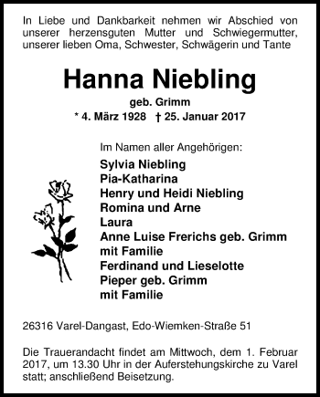 Traueranzeige von Hanna Niebling von Nordwest-Zeitung