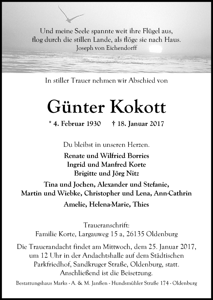  Traueranzeige für Günter Kokott vom 21.01.2017 aus Nordwest-Zeitung