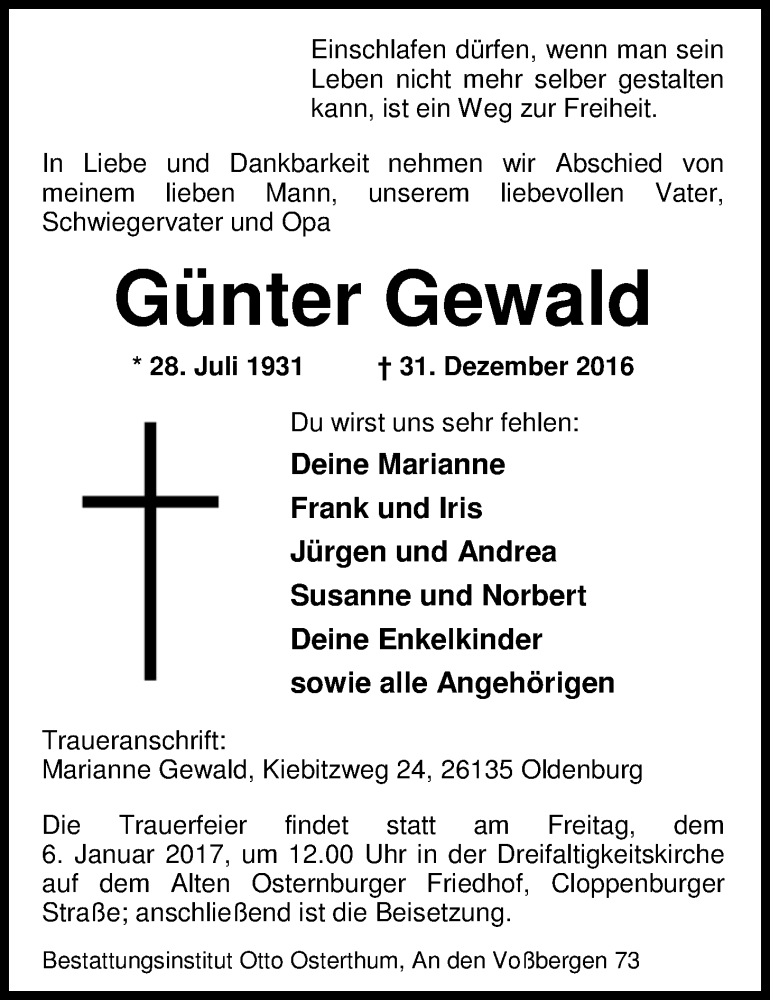  Traueranzeige für Günter Gewald vom 03.01.2017 aus Nordwest-Zeitung