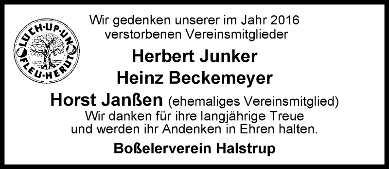  Traueranzeige für Horst Janßen vom 21.01.2017 aus Nordwest-Zeitung