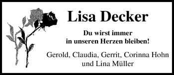Traueranzeige von Lisa Decker von Nordwest-Zeitung