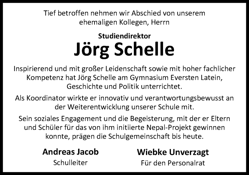 Traueranzeige für Jörg Schelle vom 07.01.2017 aus Nordwest-Zeitung
