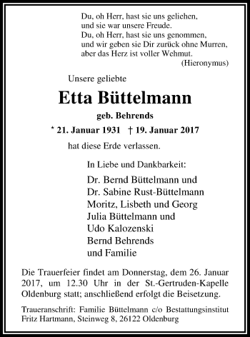 Traueranzeige von Etta Büttelmann von Nordwest-Zeitung