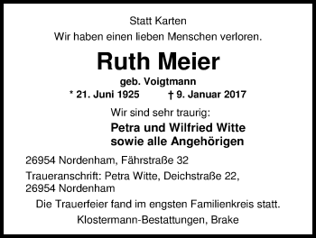 Traueranzeige von Ruth Meier von Nordwest-Zeitung