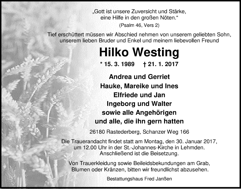  Traueranzeige für Hilko Westing vom 26.01.2017 aus Nordwest-Zeitung