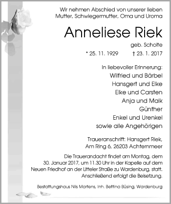 Traueranzeige von Anneliese Riek von Nordwest-Zeitung