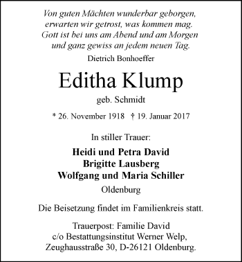 Traueranzeige von Editha Klump von Nordwest-Zeitung