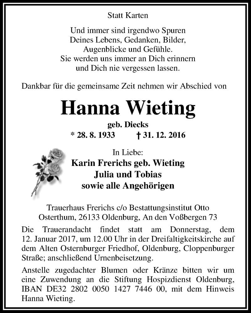  Traueranzeige für Hanna Wieting vom 05.01.2017 aus Nordwest-Zeitung