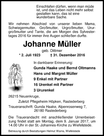 Traueranzeige von Johanne Müller von Nordwest-Zeitung