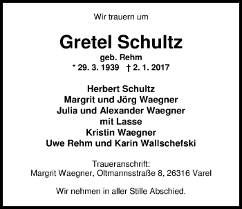 Traueranzeige von Gretel Schultz von Nordwest-Zeitung