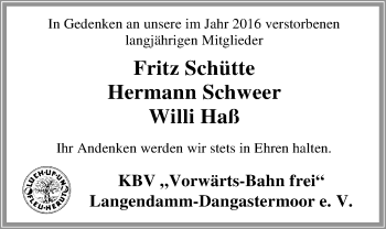 Traueranzeige von Willi Haß von Nordwest-Zeitung