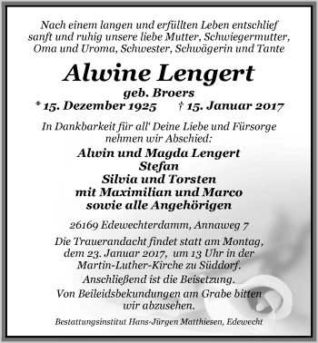 Traueranzeige von Alwine Lengert von Nordwest-Zeitung