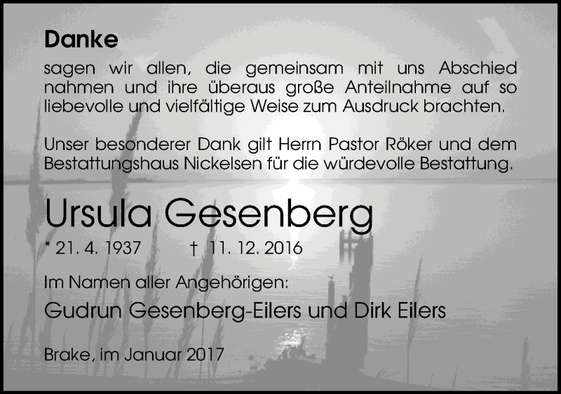  Traueranzeige für Ursula Johanne Gesenberg vom 20.01.2017 aus Nordwest-Zeitung