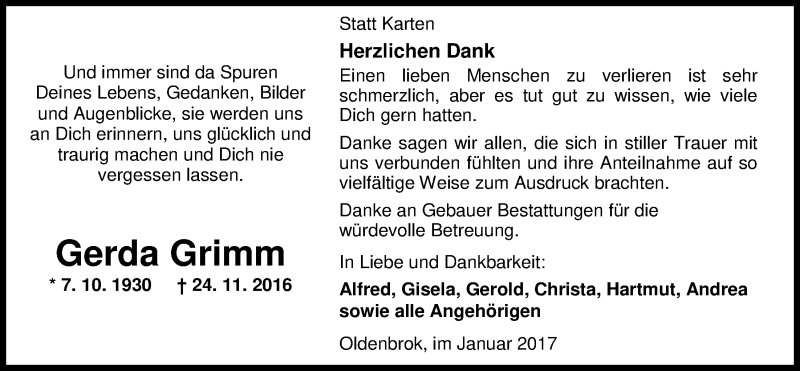  Traueranzeige für Gerda Grimm vom 07.01.2017 aus Nordwest-Zeitung