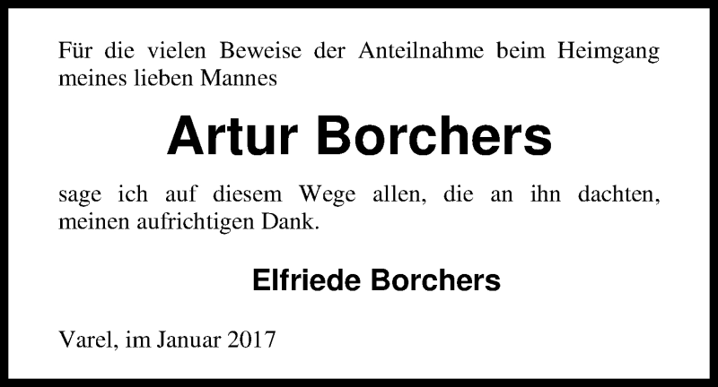  Traueranzeige für Artur Borchers vom 07.01.2017 aus Nordwest-Zeitung