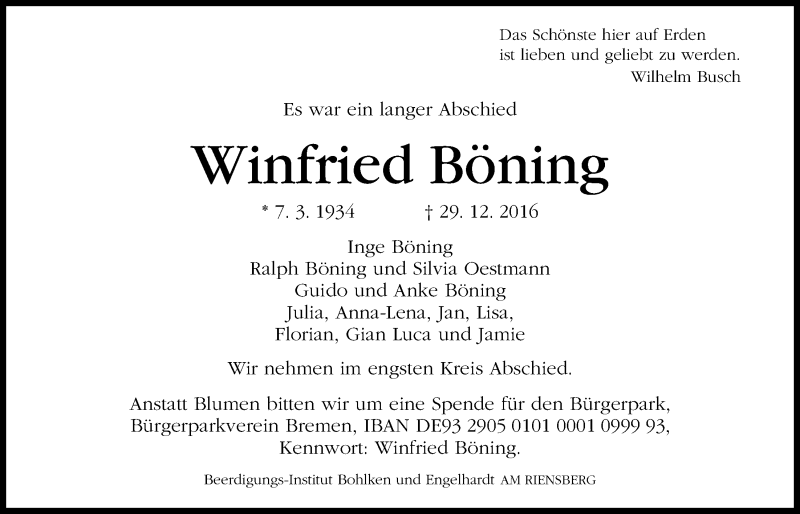  Traueranzeige für Winfried Böning vom 07.01.2017 aus Nordwest-Zeitung