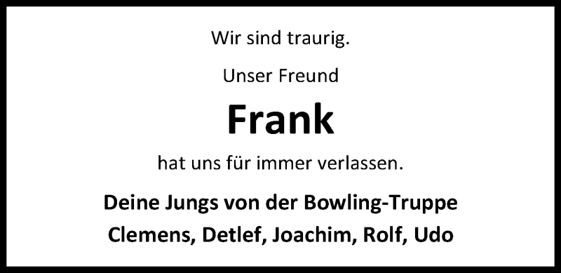  Traueranzeige für Frank Drees vom 21.01.2017 aus Nordwest-Zeitung