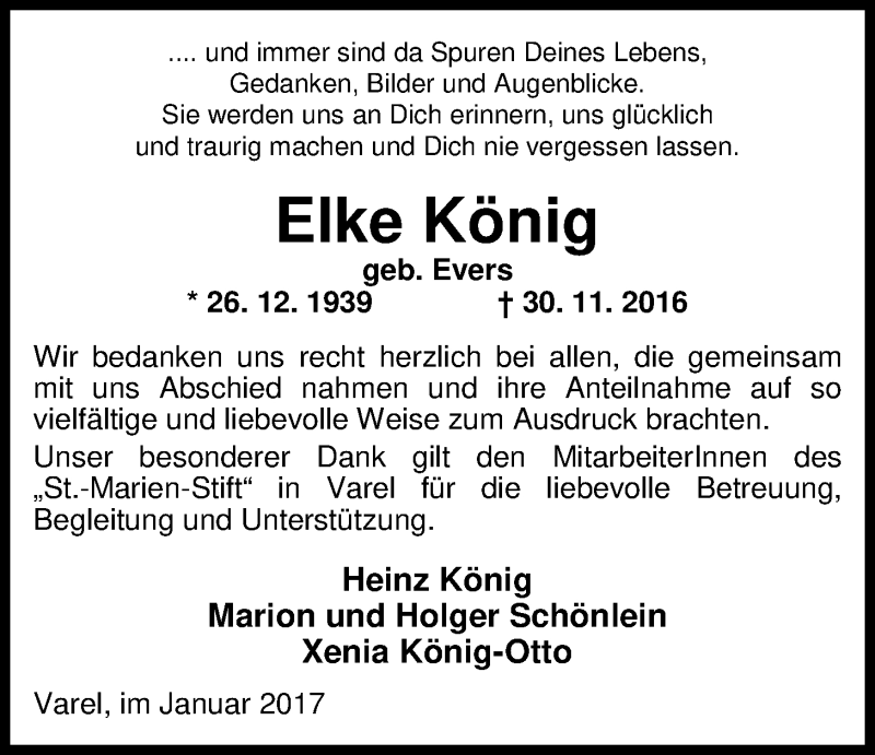  Traueranzeige für Elke König vom 13.01.2017 aus Nordwest-Zeitung