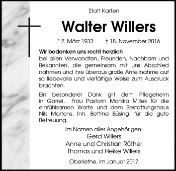Traueranzeige von Walter Willers von Nordwest-Zeitung