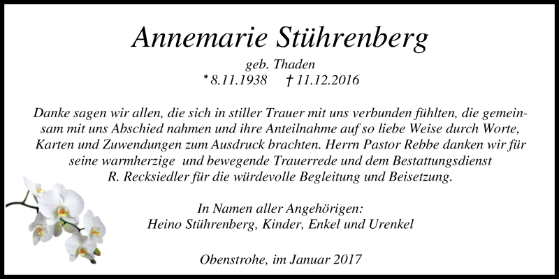  Traueranzeige für Annemarie Stührenberg vom 21.01.2017 aus Nordwest-Zeitung