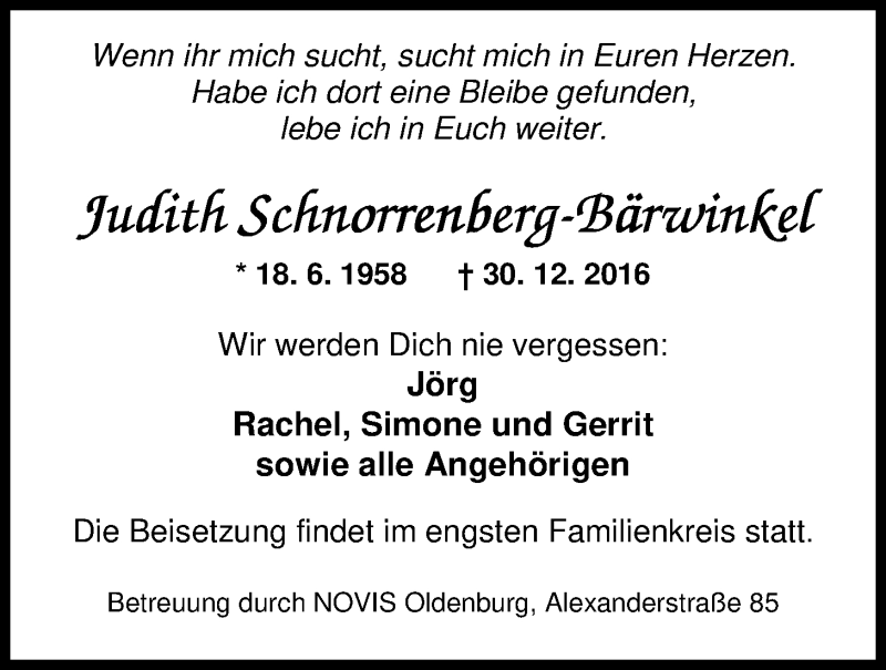  Traueranzeige für Judith Schnorrenberg-Bärwinkel vom 07.01.2017 aus Nordwest-Zeitung