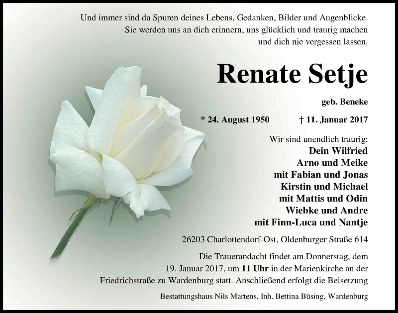  Traueranzeige für Renate Setje vom 14.01.2017 aus Nordwest-Zeitung