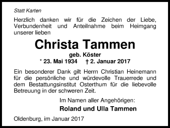 Traueranzeige von Christa Tammen von Nordwest-Zeitung