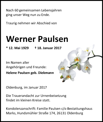 Traueranzeige von Werner Paulsen von Nordwest-Zeitung
