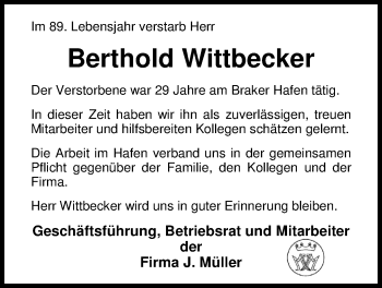Traueranzeige von Berthold Wittbecker von Nordwest-Zeitung