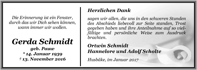  Traueranzeige für Gerda Schmidt vom 14.01.2017 aus Nordwest-Zeitung