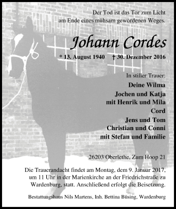 Traueranzeige von Johann Cordes von Nordwest-Zeitung