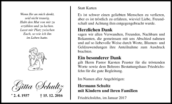 Traueranzeige von Birgitta Schultz von Nordwest-Zeitung