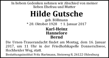 Traueranzeige von Hilde Gutsche von Nordwest-Zeitung