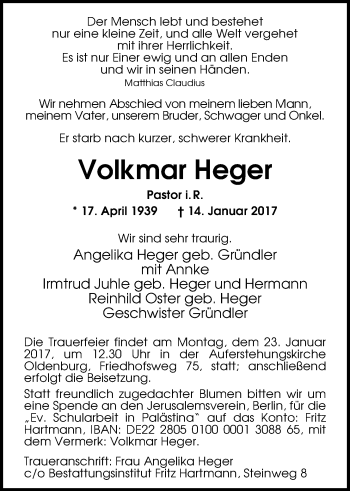 Traueranzeige von Volkmar Heger von Nordwest-Zeitung