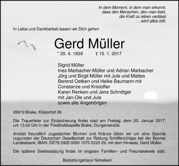 Traueranzeige von Gerd Müller von Nordwest-Zeitung