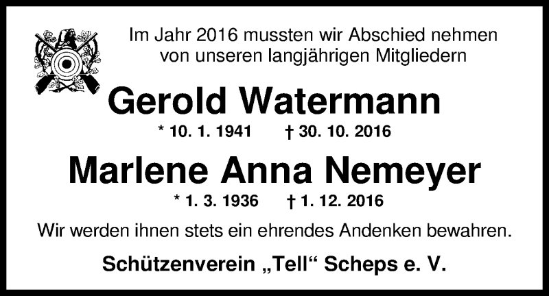 Traueranzeige für Gerold Watermann vom 05.01.2017 aus Nordwest-Zeitung