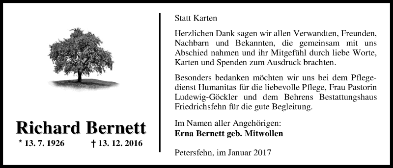  Traueranzeige für Richard Bernett vom 20.01.2017 aus Nordwest-Zeitung
