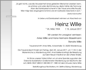 Traueranzeige von Heinz Wille von Nordwest-Zeitung