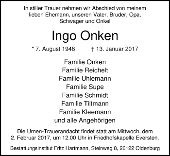 Traueranzeige von Ingo Onken von Nordwest-Zeitung