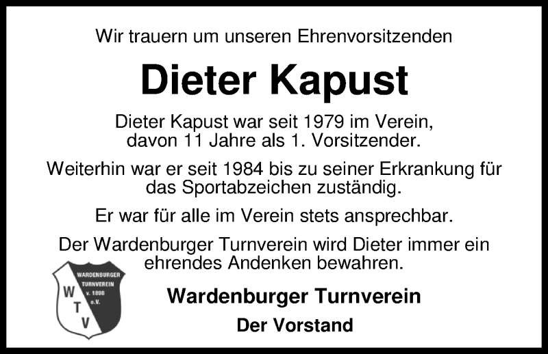  Traueranzeige für Dieter Kapust vom 05.01.2017 aus Nordwest-Zeitung