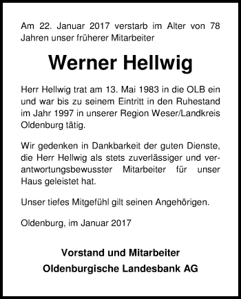 Traueranzeige von Werner Hellwig von Nordwest-Zeitung