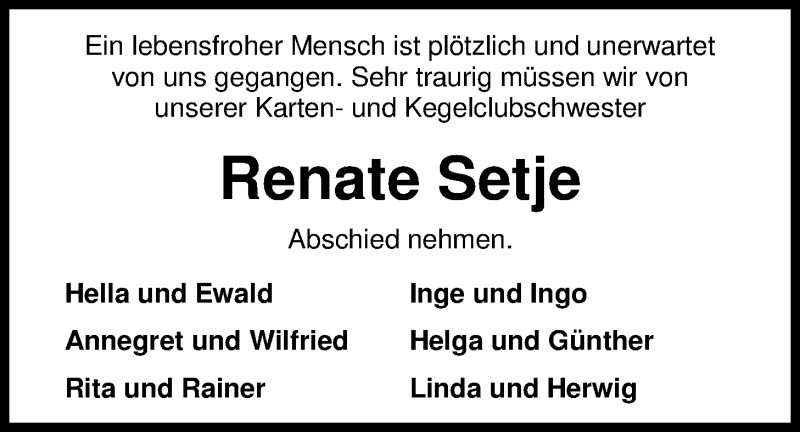  Traueranzeige für Renate Setje vom 14.01.2017 aus Nordwest-Zeitung