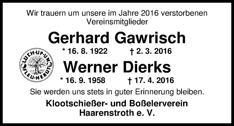  Traueranzeige für Gerhard Gawrisch vom 07.01.2017 aus Nordwest-Zeitung