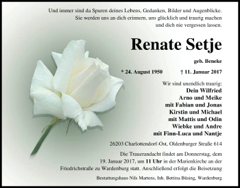 Traueranzeige von Renate Setje von Nordwest-Zeitung
