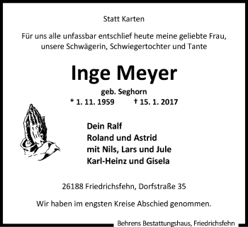 Traueranzeige von Inge Meyer von Nordwest-Zeitung