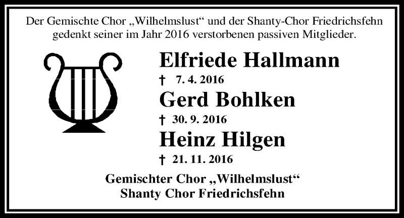  Traueranzeige für Heinz Hilgen vom 07.01.2017 aus Nordwest-Zeitung